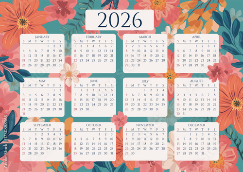 Floral colorful 2026 monthly calendar template for planning and scheduling