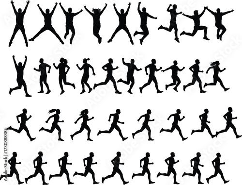 Jumping running walking silhouettes, human motion cycle, black figures, dynamic poses, sports movement, expressive gesture, stride study, animation reference, biomechanics