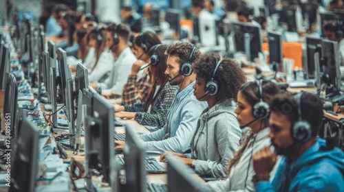 Busy Call Center with Rows of Headsets, Computers, and Focused Employees