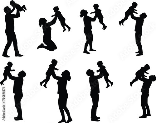 Silhouettes of adults lifting children, playful parenting moments, joyful interaction, emotional bond, caregiving gesture, family connection, love, support, joy