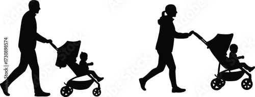 Silhouettes of adults pushing strollers, parenting scene, childcare mobility, walking with toddlers, outdoor caregiving, family routine, stroller comparison, motion