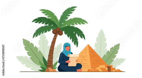 Arab woman reading a scroll by a palm tree in front of the pyramid of Giza scene