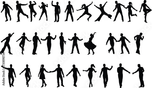 Silhouettes of dancers and couples, expressive dance poses, ballroom, Latin, jazz, swing, movement, rhythm, choreography, performance, interaction