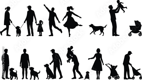 Silhouettes of family life scenes, adults and children, walking dogs, parenting moments, joyful interaction, caregiving roles, bonding, lifestyle concept