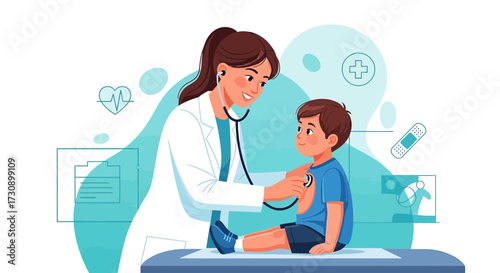 Caring female pediatrician examining a little boy with stethoscope for routine checkup appointment