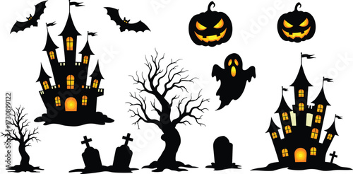 Halloween spooky scene with haunted houses, ghosts, bats, pumpkins, gravestones, and twisted trees in dark cartoon vector for seasonal horror design