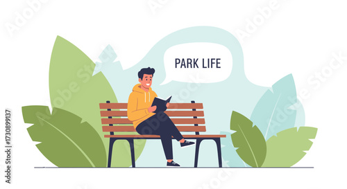 Cartoon illustration of a man reading a book on a bench in a park enjoying park life