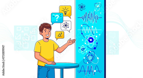 Cartoon character presenting science and education concepts with atoms and waves illustration