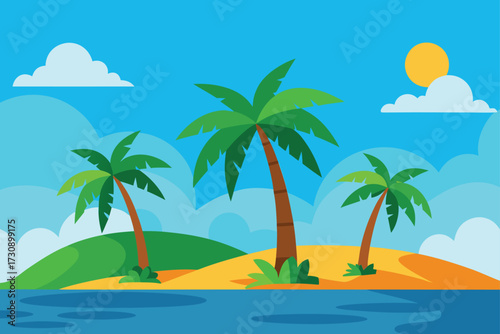 Cartoon Tropical Island with Palm Trees