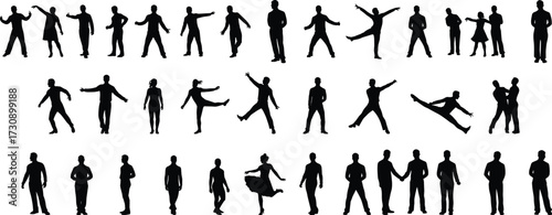 Silhouettes of human poses and gestures, dynamic movement, expressive stances, dancing, jumping, interaction, posture study, animation reference, motion