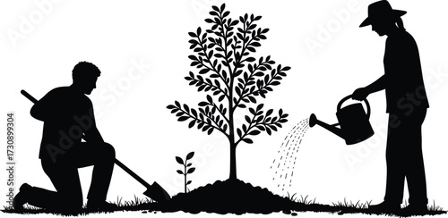 Silhouettes of people planting and watering tree, environmental care, teamwork gesture, nature activity, sustainability, growth, nurturing, outdoor scene