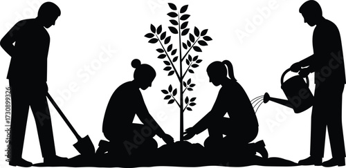 Silhouettes of people planting and watering tree, teamwork, environmental care, nature activity, sustainability, growth, nurturing, outdoor scene, ecology