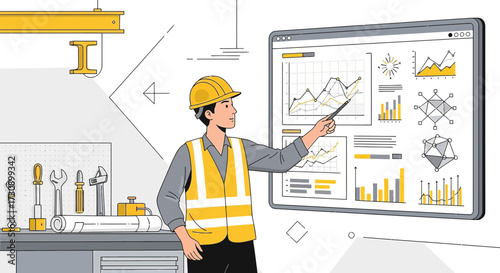 Construction worker analyzing data on screen presenting statistical insights for project