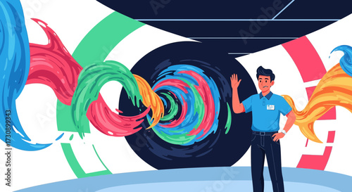 Confused worker stands before a chaotic colorful abstract corporate vortex illustration