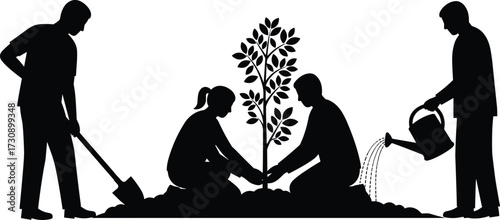 Silhouettes of people planting and watering tree, teamwork, environmental care, sustainability, nature activity, growth, nurturing, outdoor scene, ecology