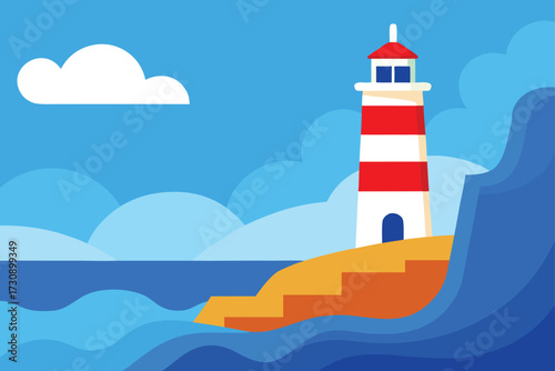 Cartoon Seaside Cliff with Lighthouse Background