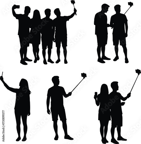 Silhouettes of people taking selfies, smartphone photography, selfie stick usage, group photo pose, modern behavior, digital lifestyle, social interaction