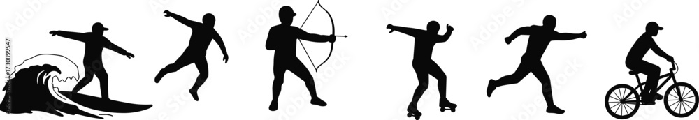 Obraz premium Silhouettes of people in motion, dynamic sports poses, surfing, skating, archery, cycling, dancing, active lifestyle, fitness, recreation