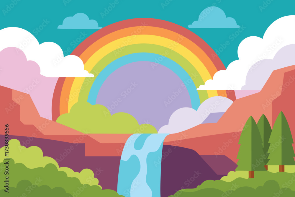 Obraz premium Anime Waterfall Landscape with Rainbow Background