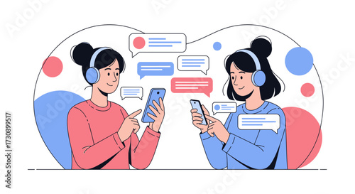 Digital communication via smartphones between two women using headsets and messaging apps