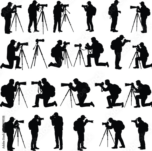 Silhouettes of photographers in action, camera tripod poses, outdoor photo shoot, backpack gear, kneeling stance, travel photography, visual storytelling
