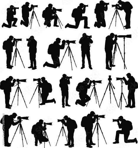 Silhouettes of photographers with tripods, outdoor photo shoot, camera adjustment poses, travel photography, kneeling stance, backpack gear, visual storytelling