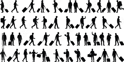 Silhouettes of travelers with suitcases, walking, standing, gesturing, airport crowd, black vector people, travel poses, luggage, transit, journey