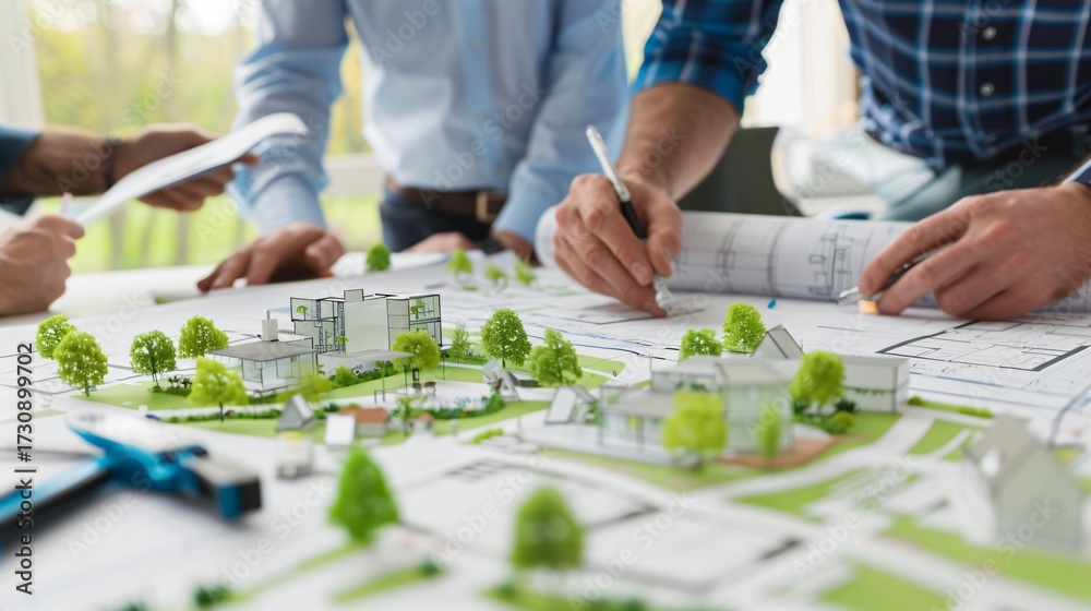 Fototapeta premium Collaboration on Architectural Planning with Scale Models and Blueprints in a Modern Work Environment