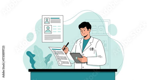 Doctor reviewing patient data with digital tablet in medical office setting illustration