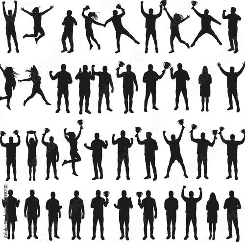 Victory celebration silhouettes, trophy winners, achievement poses, jumping figures, proud stance, black icons, success concept, sports award, celebration moment, teamwork joy