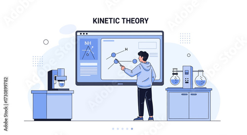 Educational illustration of a student learning kinetic theory in a chemistry laboratory setting