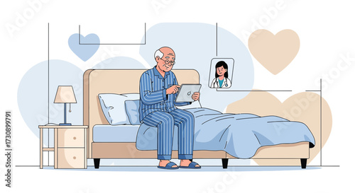 Elderly man engaging in a telemedicine consultation on a tablet from his bed at home