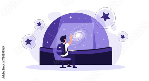 Exploration of the cosmos in a planetarium setting illustrating knowledge and discovery