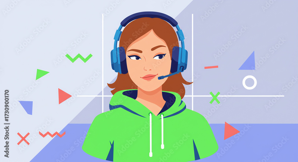 Woman wearing headset smiling with geometric background