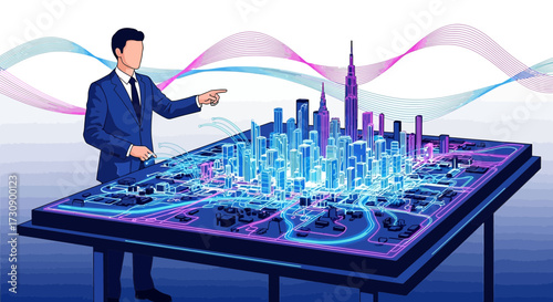 Futuristic city planning with augmented reality interface and a business professional