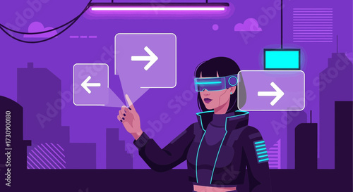 Futuristic interface interaction with woman using augmented reality glasses in cityscape digital