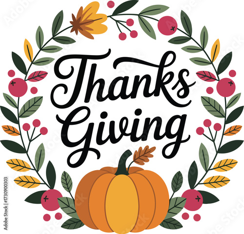 Festive Thanksgiving wreath with pumpkin and autumn leaves, celebrating gratitude and harvest.