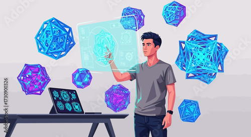 Futuristic technology concept with man interacting with holographic interface and geometric shapes