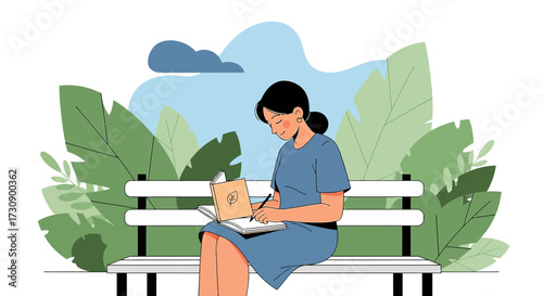 Girl writing in a nature notebook on a park bench surrounded by greenery illustration