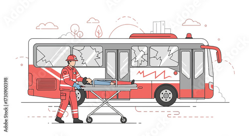 Graphic illustration showcasing a bus accident with paramedic assisting injured person bus