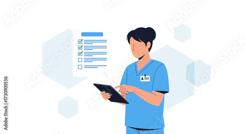 Healthcare professional using tablet to update patient records and medical checklist