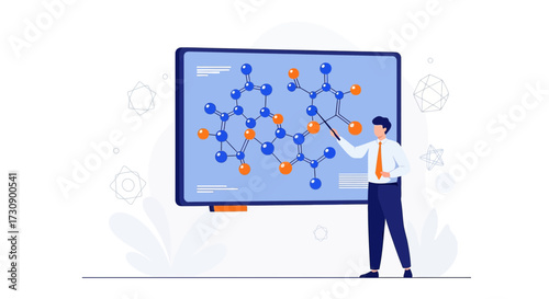Illustrated chemistry professor explaining molecular structure with pointer stick teaching students