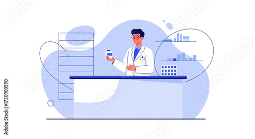 Illustrated pharmacist holding medication in a pharmacy setting, concept of healthcare services