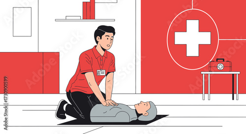 Illustration depicting a man practicing CPR on a dummy, highlighting healthcare training and