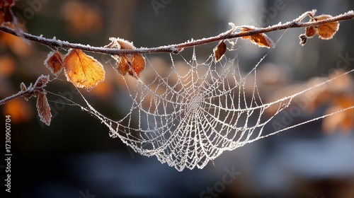 Frost-covered spider web glistens in the early morning light among autumn leaves
