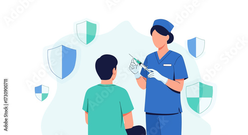 Illustration depicting vaccination process for healthcare and disease prevention concept