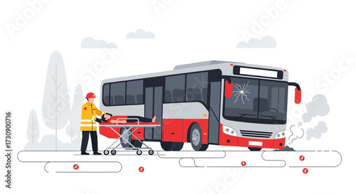 Illustration of a bus accident scene with a paramedic assisting an injured passenger on a stretcher
