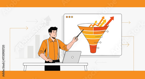 Illustration of a business presentation showing a sales funnel and growth charts
