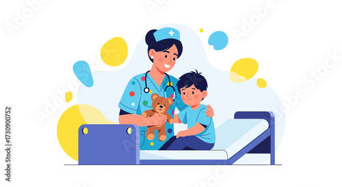 Illustration of a caring nurse comforting a young boy in a hospital bed with a teddy bear