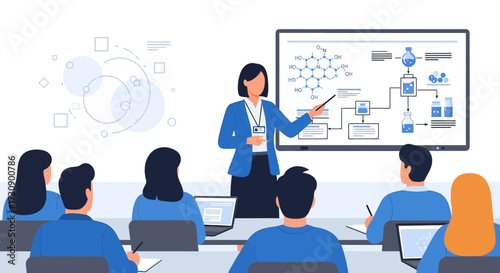 Illustration of a Chemistry Lecture with Female Professor and Students in Classroom Setting